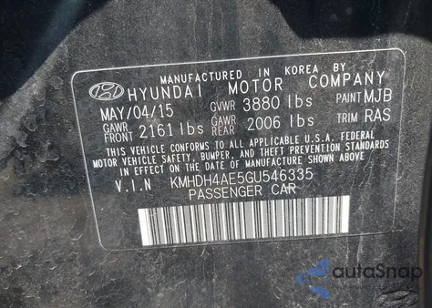 2016 Hyundai Elantra Se from USA, damaged, VIN KMHDH4AE5GU546335